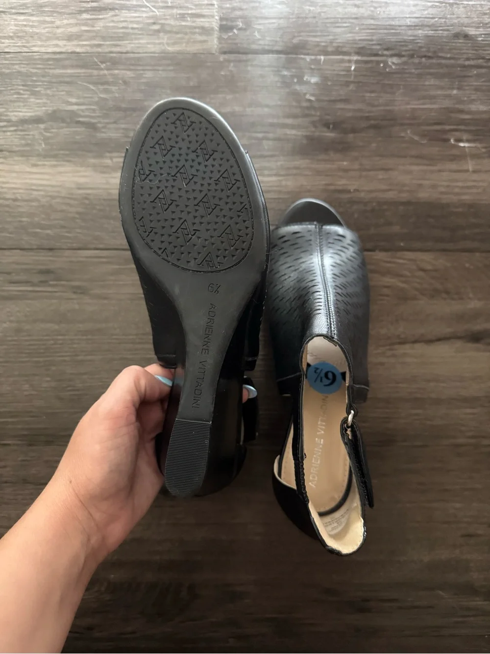 Adrienne Vittadini Black Perforated Open-Wedge Sandals